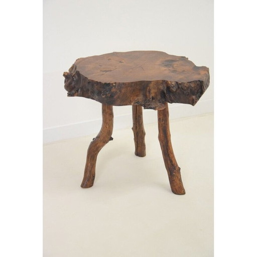 Table basse vintage brutaliste en bois d'olivier massif, 1980