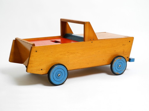 Grande voiture d'enfant en bois pour s'asseoir et tirer en état d'origine | Longueur 80Cm | 31.5" | Mid Century