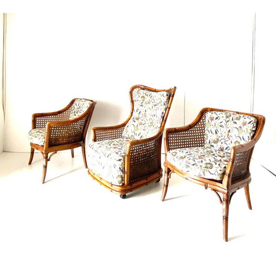 Image 1 of Fauteuil vintage en faux bambou et rotin pour Giorgetti, Italie 1970