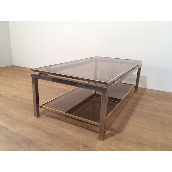 Image 1 of Table basse vintage à double plateau en acier brossé et laiton par Guy Lefèvre pour Maison Jansen 1970