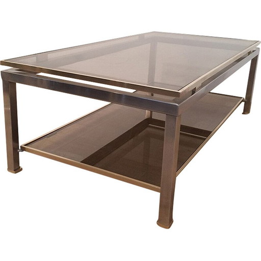 Table basse vintage à double plateau en acier brossé et laiton par Guy Lefèvre pour Maison Jansen 1970