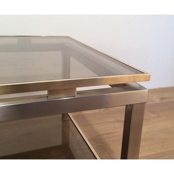 Image 1 of Table basse vintage à double plateau en acier brossé et laiton par Guy Lefèvre pour Maison Jansen 1970