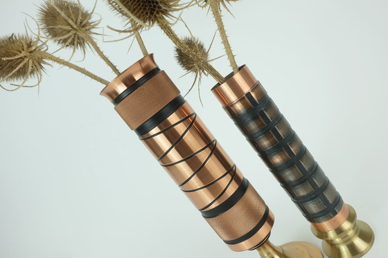 Image 1 of Set Of 2 Mid Century Modern Footed Copper Brass Vases Brutalist Minimalist Design 1960S Ikebana Vase