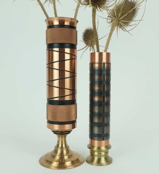 Image 1 of Set Of 2 Mid Century Modern Footed Copper Brass Vases Brutalist Minimalist Design 1960S Ikebana Vase