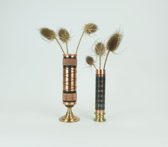 Image 1 of Set Of 2 Mid Century Modern Footed Copper Brass Vases Brutalist Minimalist Design 1960S Ikebana Vase