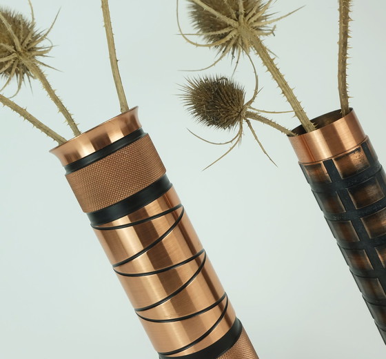 Image 1 of Set Of 2 Mid Century Modern Footed Copper Brass Vases Brutalist Minimalist Design 1960S Ikebana Vase