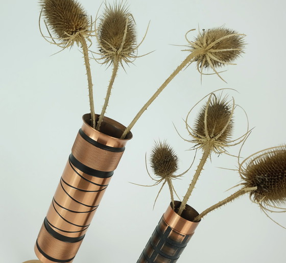 Image 1 of Set Of 2 Mid Century Modern Footed Copper Brass Vases Brutalist Minimalist Design 1960S Ikebana Vase