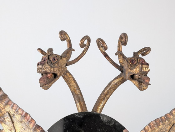 Image 1 of Miroir en fer doré de style néogothique espagnol avec dragon à deux têtes