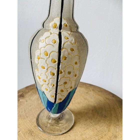 Image 1 of Vase vintage en verre et émail avec fleurs par Mazoyer, 1925