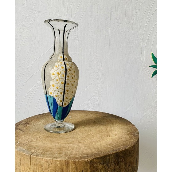 Image 1 of Vase vintage en verre et émail avec fleurs par Mazoyer, 1925