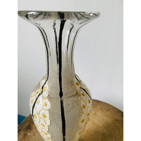 Image 1 of Vase vintage en verre et émail avec fleurs par Mazoyer, 1925