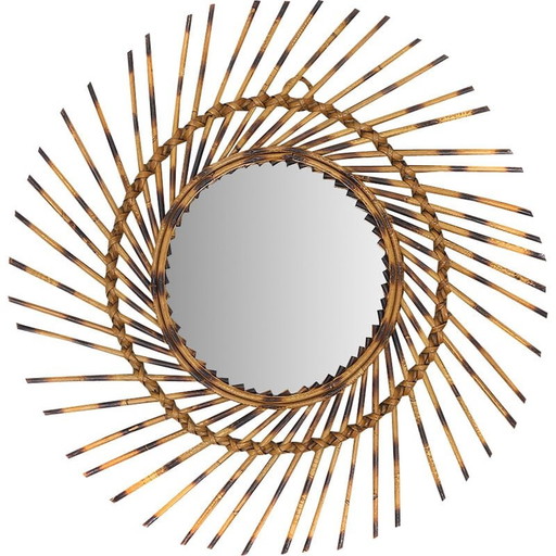 Miroir solaire rond vintage en osier, 1960s