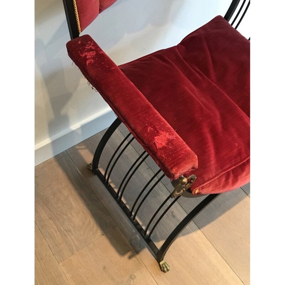 Image 1 of Fauteuil curule rouge en fer noir et laiton - années 1970
