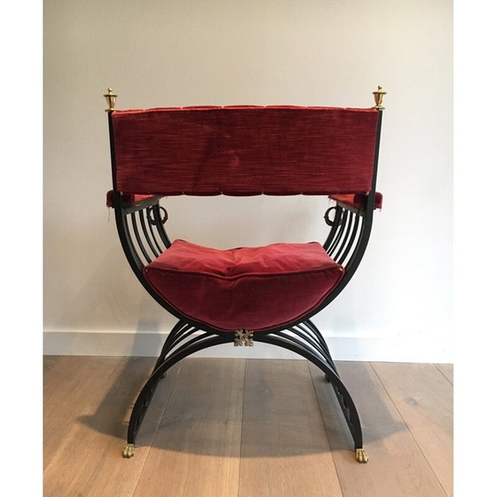 Image 1 of Fauteuil curule rouge en fer noir et laiton - années 1970