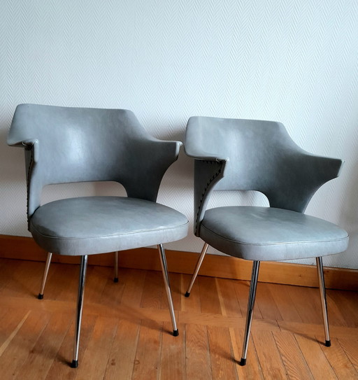 2X Fauteuils Design Skaï Et Capitons, Vers 1960 