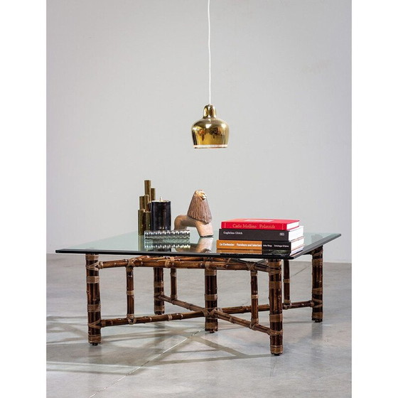 Image 1 of Table basse vintage carrée en bambou et verre par McGuire, 1970