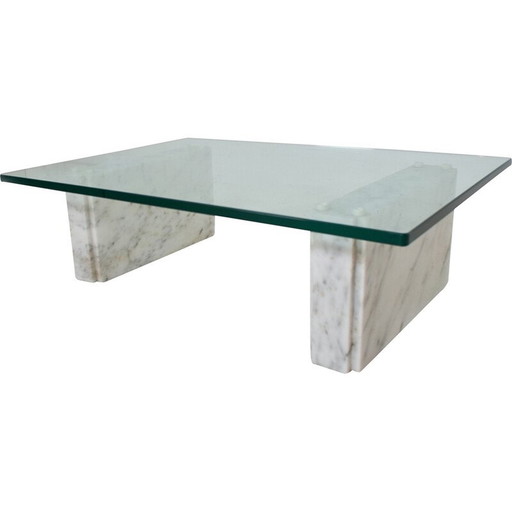 Table basse vintage en marbre de Carrare et verre, 1980