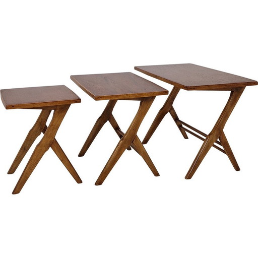 Ensemble de 3 tables gigognes vintage en bois, Hollande 1960
