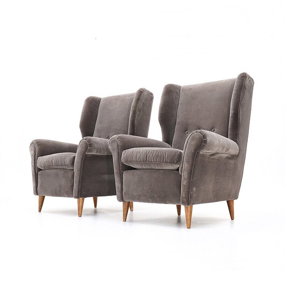 Image 1 of Paire de fauteuils vintage en bois rembourré et velours gris, Italie 1950