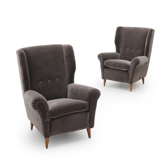 Image 1 of Paire de fauteuils vintage en bois rembourré et velours gris, Italie 1950