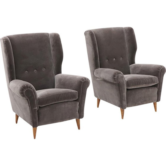 Image 1 of Paire de fauteuils vintage en bois rembourré et velours gris, Italie 1950