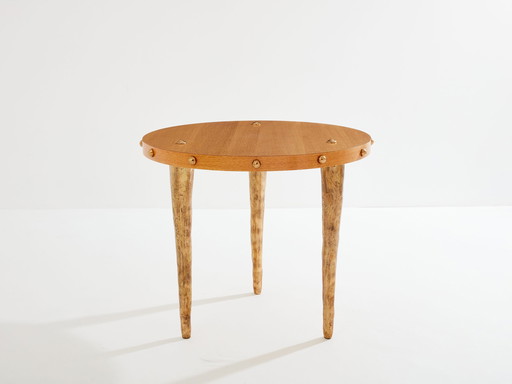 Garouste & Bonetti Table Guéridon en chêne massif et bronze patiné 1987
