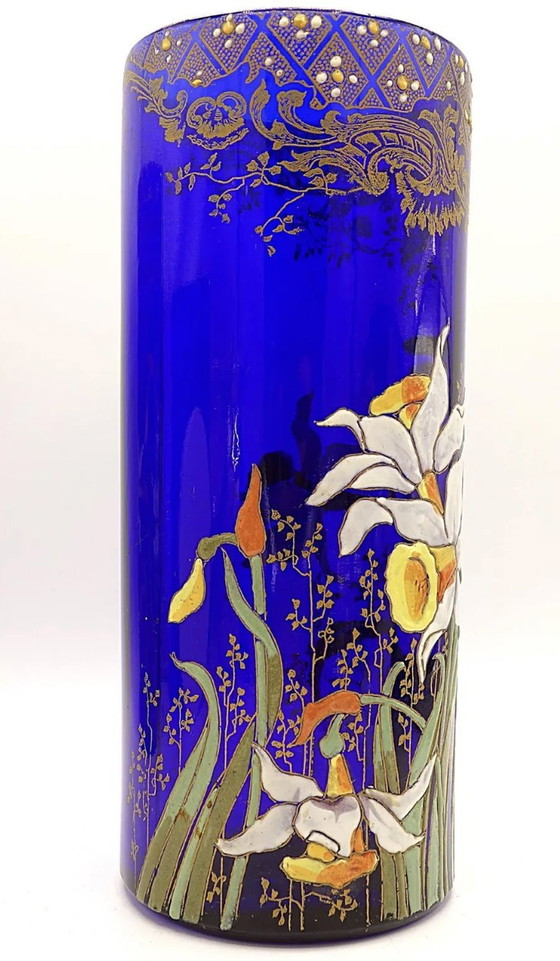 Image 1 of Vase Jonquille « Cylindre Compiègne » - Verre Émaillé Bleu Roi. Legras