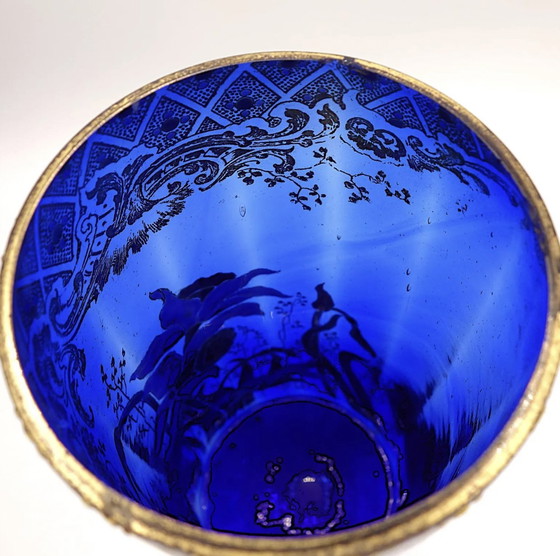 Image 1 of Vase Jonquille « Cylindre Compiègne » - Verre Émaillé Bleu Roi. Legras