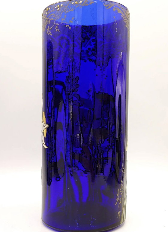 Image 1 of Vase Jonquille « Cylindre Compiègne » - Verre Émaillé Bleu Roi. Legras