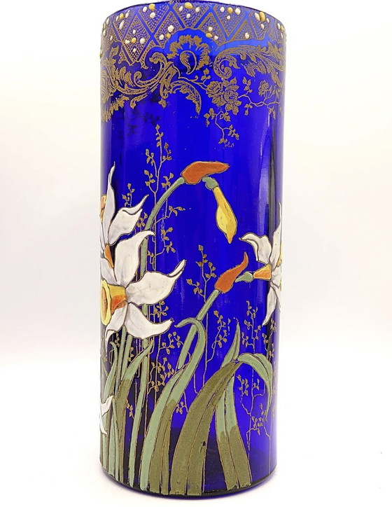 Image 1 of Vase Jonquille « Cylindre Compiègne » - Verre Émaillé Bleu Roi. Legras