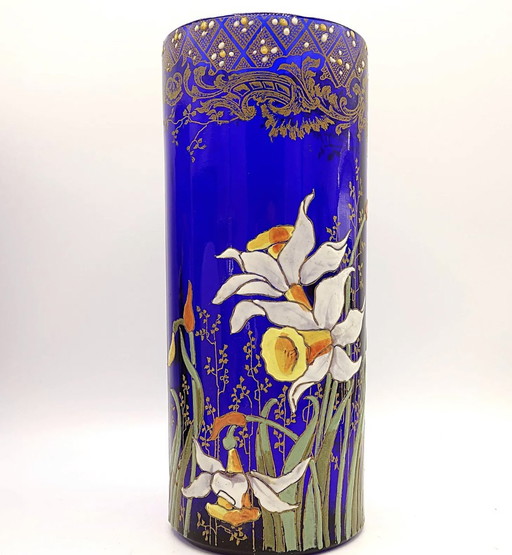 Vase Jonquille « Cylindre Compiègne » - Verre Émaillé Bleu Roi. Legras