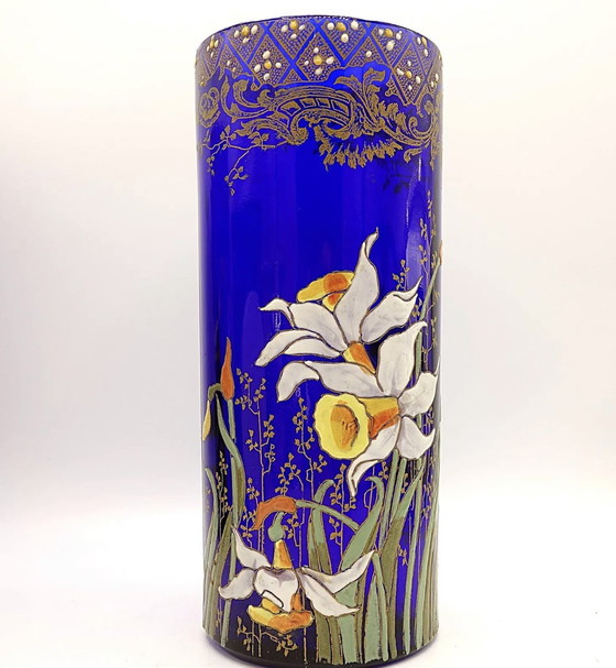 Image 1 of Vase Jonquille « Cylindre Compiègne » - Verre Émaillé Bleu Roi. Legras