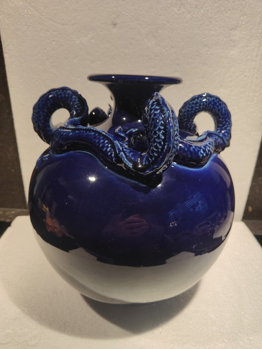 Magnifique vase chinois à dragon bleu rond 1900/1930