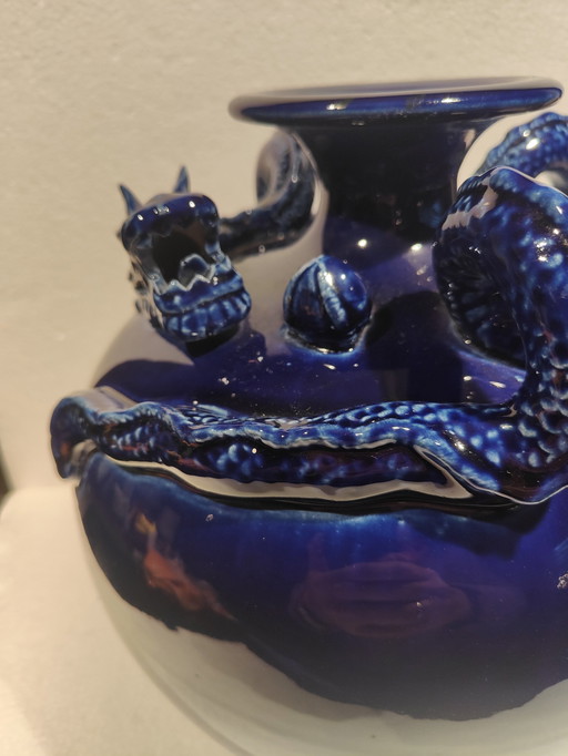 Magnifique vase chinois à dragon bleu rond 1900/1930