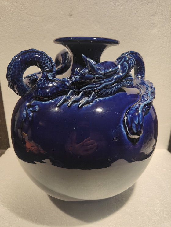 Image 1 of Magnifique vase chinois à dragon bleu rond 1900/1930