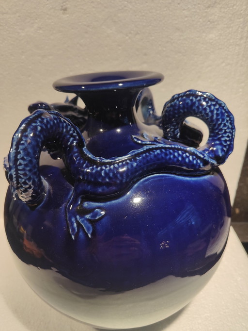 Magnifique vase chinois à dragon bleu rond 1900/1930