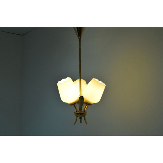 Image 1 of Lustre vintage en verre et laiton, Tchécoslovaquie 1960