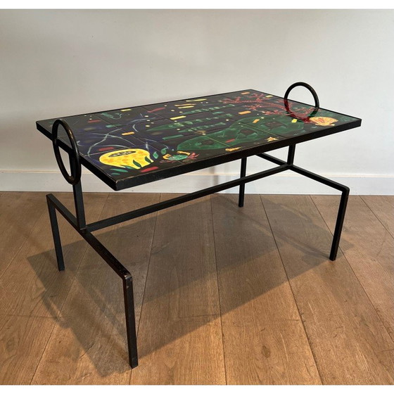 Image 1 of Table basse vintage en métal laqué noir et céramique, 1950