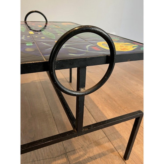 Image 1 of Table basse vintage en métal laqué noir et céramique, 1950