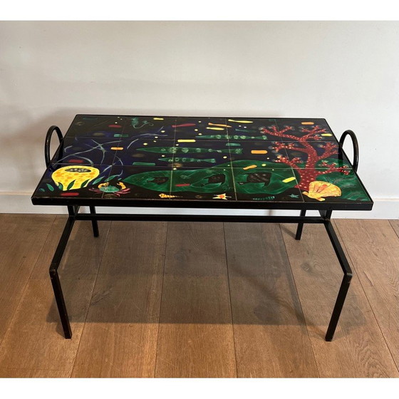 Image 1 of Table basse vintage en métal laqué noir et céramique, 1950