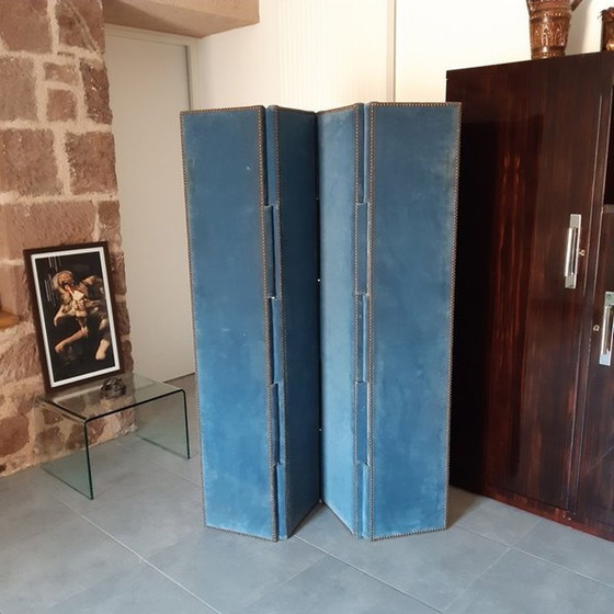 Image 1 of Paravent En Velours Bleu Ancien À 4 Feuilles Ou 4 Panneaux. Recto-Verso