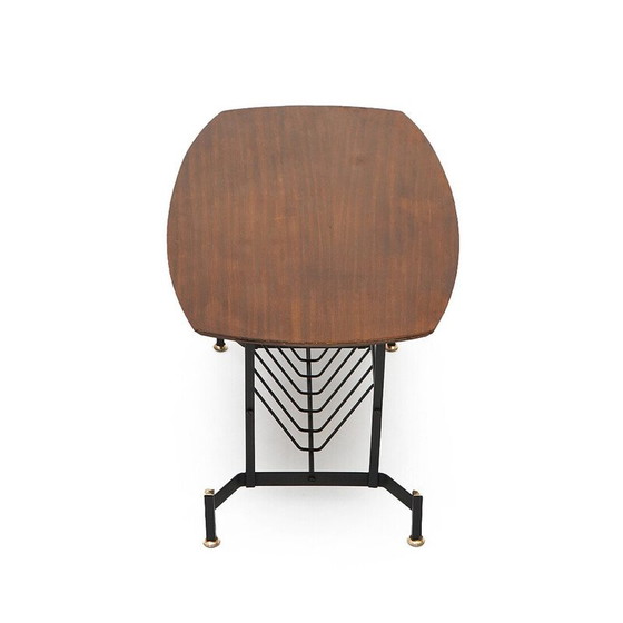 Image 1 of Table basse vintage en contreplaqué plaqué teck et métal avec porte-revues, Italie 1950