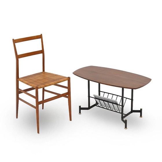 Image 1 of Table basse vintage en contreplaqué plaqué teck et métal avec porte-revues, Italie 1950