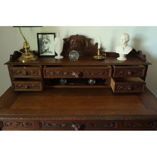 Bureau vintage néo-Renaissance avec caisse et gradin en chêne