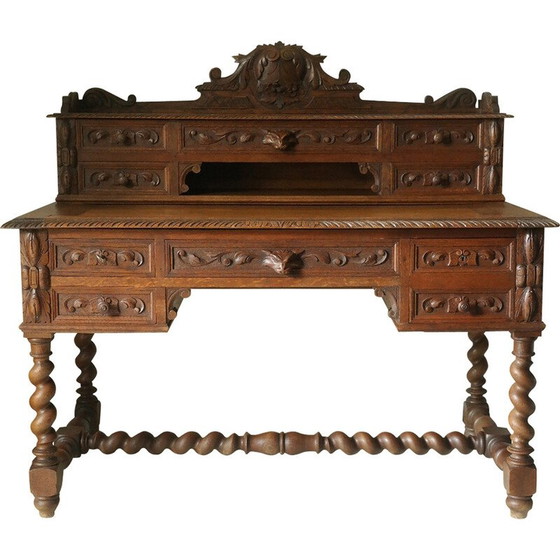 Image 1 of Bureau vintage néo-Renaissance avec caisse et gradin en chêne