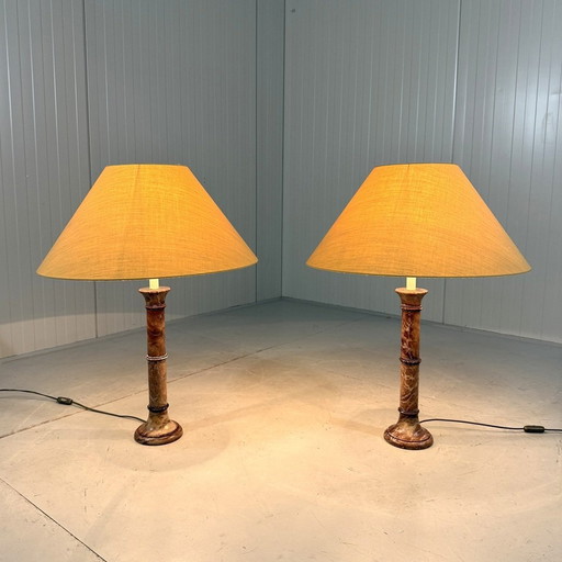 Ensemble de 2 grandes lampes de table en marbre 1970's