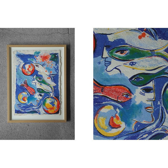 Image 1 of Lithographie couleur vintage avec poissons et visages par Dagmar Glemme