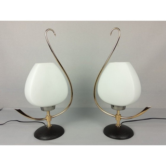 Image 1 of Paire de lampes vintage en opaline et laiton, 1960