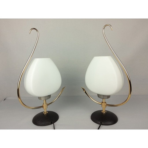 Paire de lampes vintage en opaline et laiton, 1960