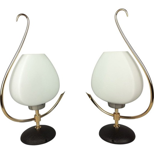 Paire de lampes vintage en opaline et laiton, 1960